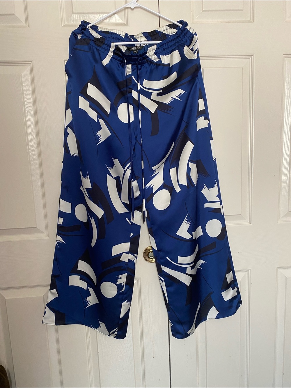 Ralph Lauren Blue and White Abstract Print Drawstring Waist Pants LARGE